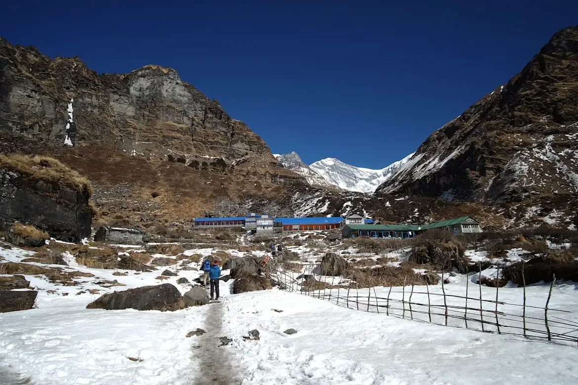 Stone tea houses and alpine mountain guest houses offering accommodation along the Annapurna sanctuary trekking route.